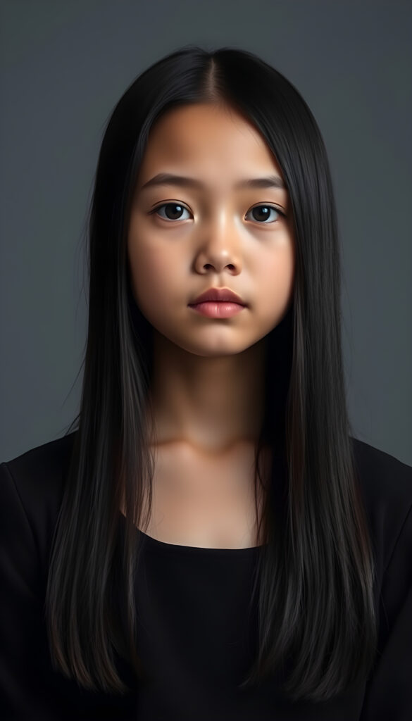 show me a young girl, dark dressed, straight silky black hair, grey photo studio background