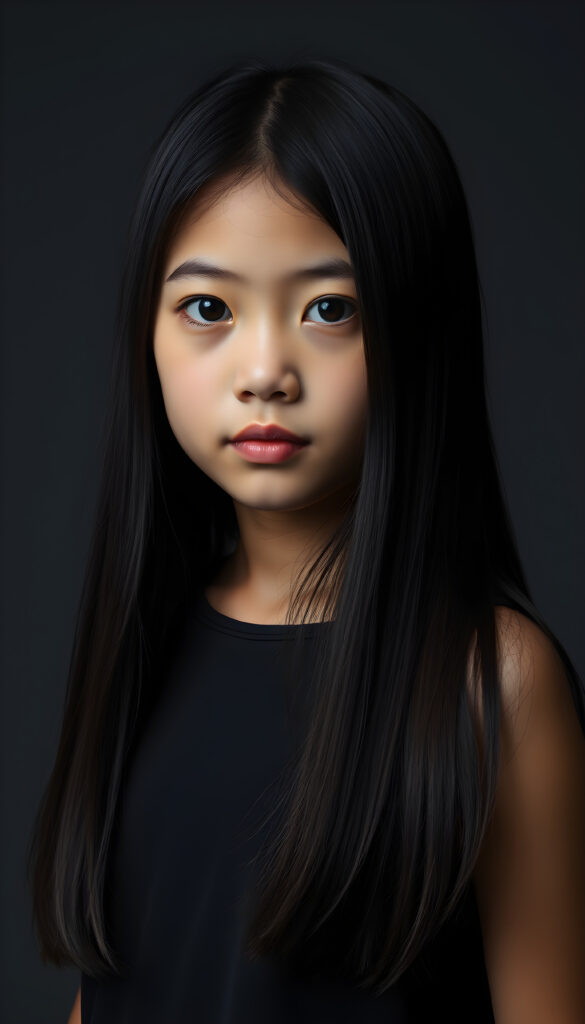 show me a young girl, dark dressed, straight silky black hair, grey photo studio background