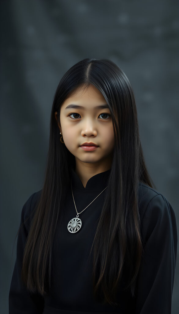show me a young girl, dark dressed, straight silky black hair, grey photo studio background