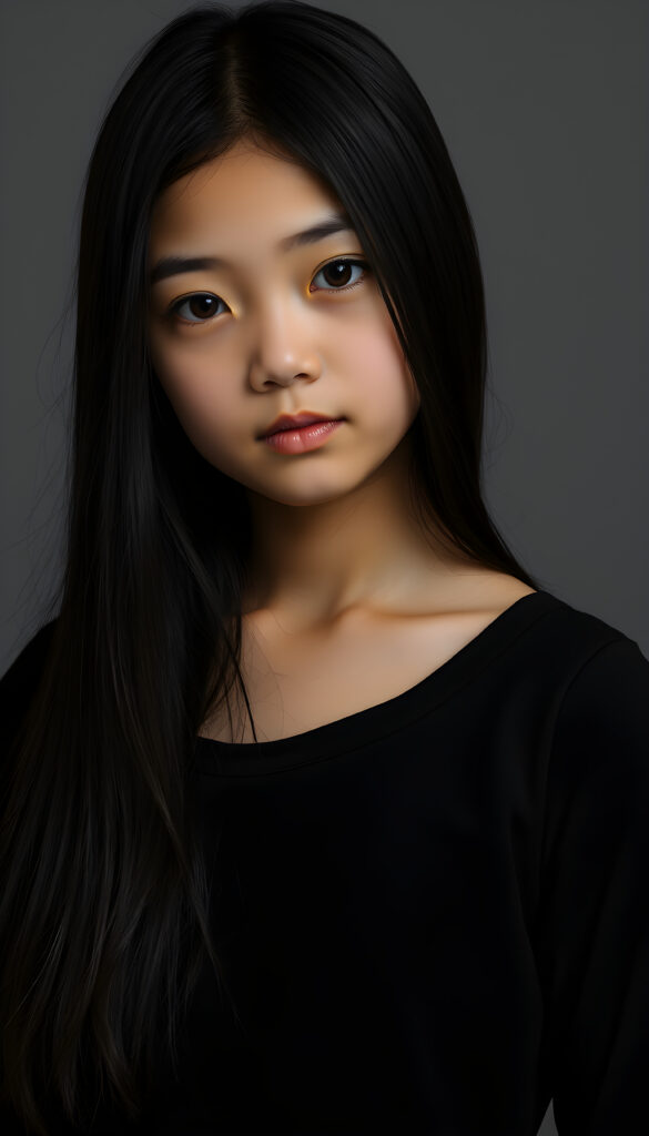 show me a young girl, dark dressed, straight silky black hair, grey photo studio background
