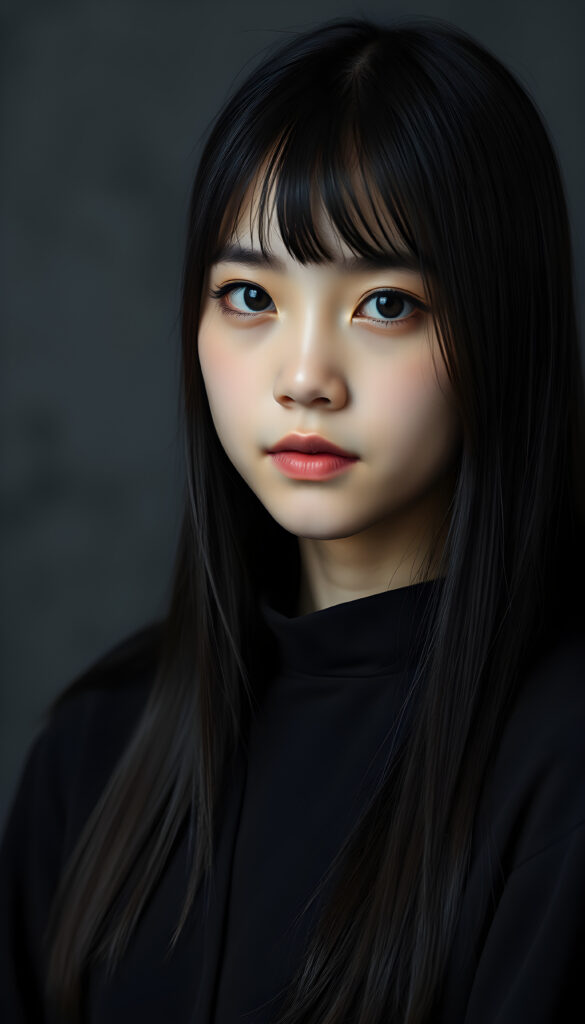 show me a young girl, dark dressed, straight silky black hair, grey photo studio background