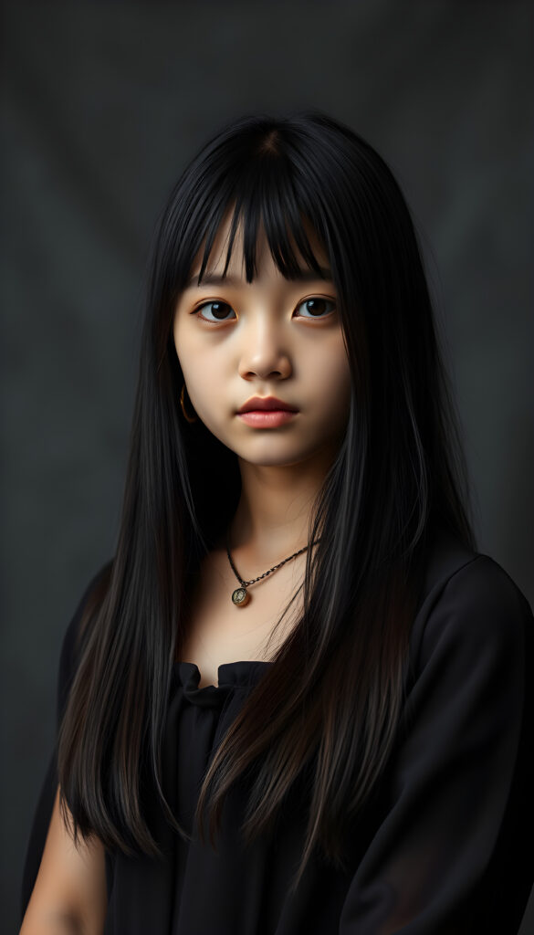 show me a young girl, dark dressed, straight silky black hair, grey photo studio background