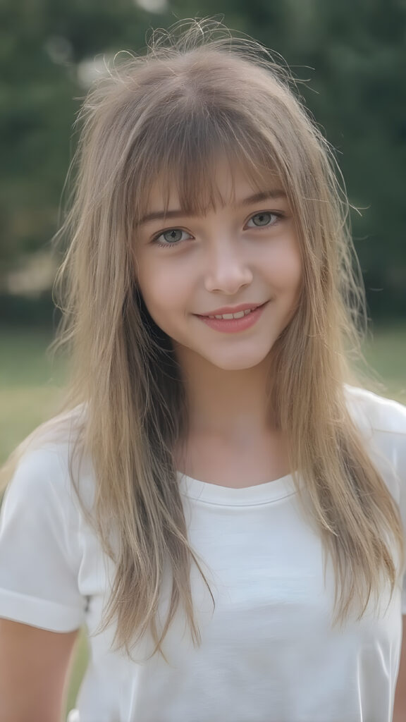 show me the cutest young happiest teen girl in the world, upper body portrait, outdoor setting, long straight silky super soft amber hair, bangs, white plain t-shirt, female fit body, detailed and realistic