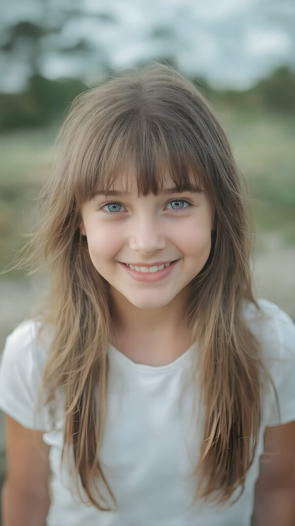show me the cutest young happiest teen girl in the world, upper body portrait, outdoor setting, long straight silky super soft amber hair, bangs, white plain t-shirt, female fit body, detailed and realistic