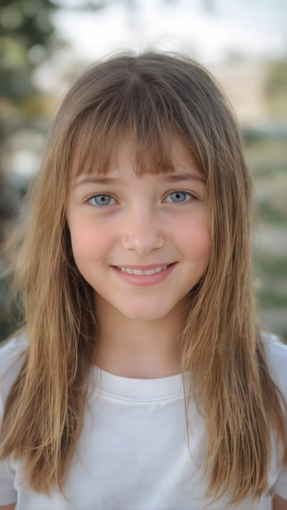 show me the cutest young happiest teen girl in the world, upper body portrait, outdoor setting, long straight silky super soft amber hair, bangs, white plain t-shirt, female fit body, detailed and realistic