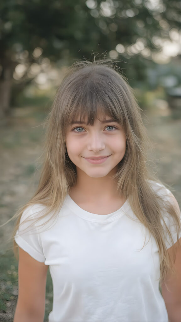 show me the cutest young happiest teen girl in the world, upper body portrait, outdoor setting, long straight silky super soft amber hair, bangs, white plain t-shirt, female fit body, detailed and realistic