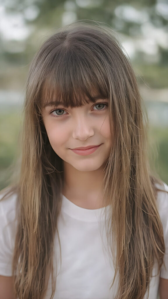 show me the cutest young happiest teen girl in the world, upper body portrait, outdoor setting, long straight silky super soft amber hair, bangs, white plain t-shirt, female fit body, detailed and realistic