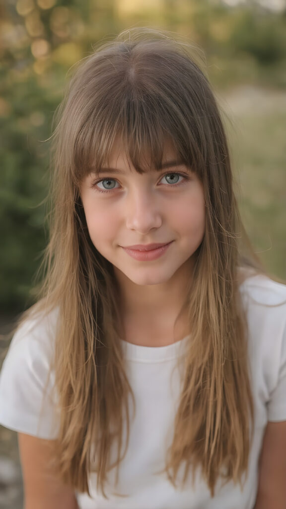 show me the cutest young happiest teen girl in the world, upper body portrait, outdoor setting, long straight silky super soft amber hair, bangs, white plain t-shirt, female fit body, detailed and realistic
