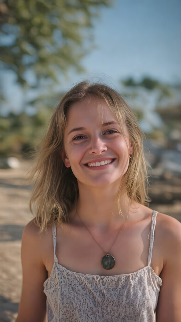 show me the happiest girl in the world on a sunny and beautiful day outdoors.