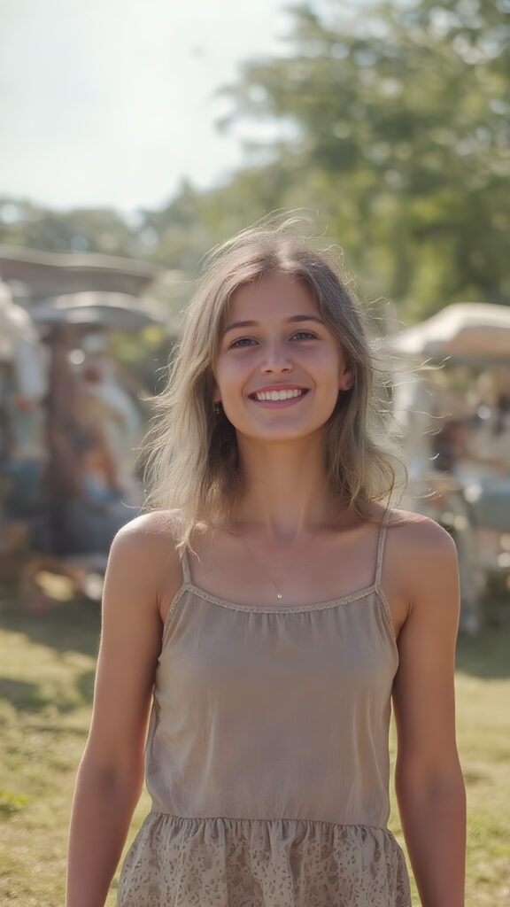 show me the happiest girl in the world on a sunny and beautiful day outdoors.