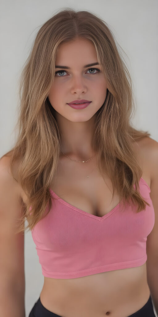 studio photo from a (((petite well busty teen girl))), ((long wavy straight auburn super soft hair)), ((full lips)), perfect face, dressed in a sleek ((form-fitting pink cropped tank top, deep v-neck, black mini skirt)), accentuating her (((navel))), and a delicate ((small chain around her neck)), along with ((black tights)), posing confidently for the camera, exuding (((stunning beauty))) and (((flawless detail))), with a (((perfectly curved body))), she is waiting for you