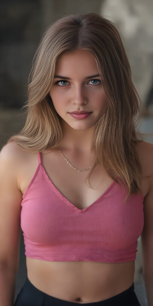 studio photo from a (((petite well busty teen girl))), ((long wavy straight auburn super soft hair)), ((full lips)), perfect face, dressed in a sleek ((form-fitting pink cropped tank top, deep v-neck, black mini skirt)), accentuating her (((navel))), and a delicate ((small chain around her neck)), along with ((black tights)), posing confidently for the camera, exuding (((stunning beauty))) and (((flawless detail))), with a (((perfectly curved body))), she is waiting for you