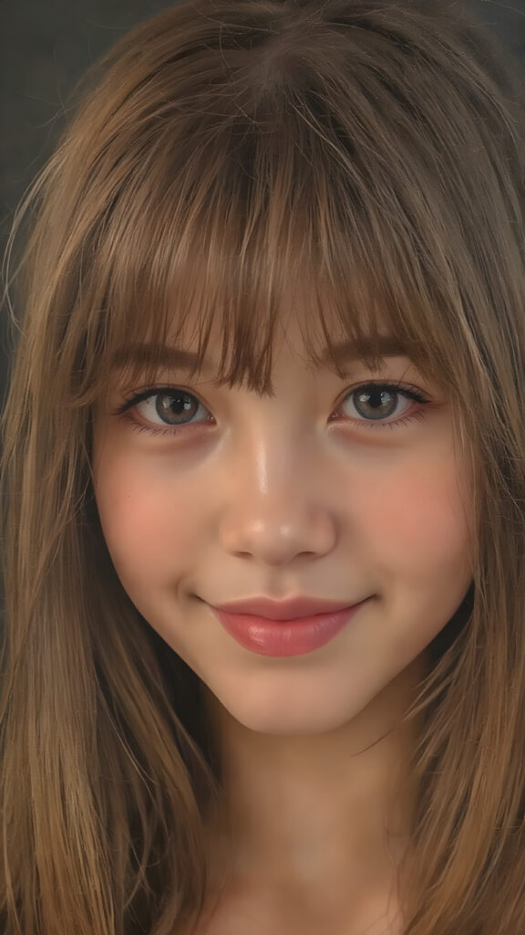 ((stunning)) ((gorgeous)) ((detailed portrait)) a young teen girl. She has auburn long hair in Korean Style bangs, dark eyes, warm smile, very happy, side view, weak, dimmed light