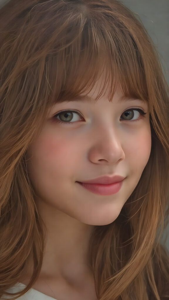 ((stunning)) ((gorgeous)) ((detailed portrait)) a young teen girl. She has auburn long hair in Korean Style bangs, dark eyes, warm smile, very happy, side view, weak, dimmed light