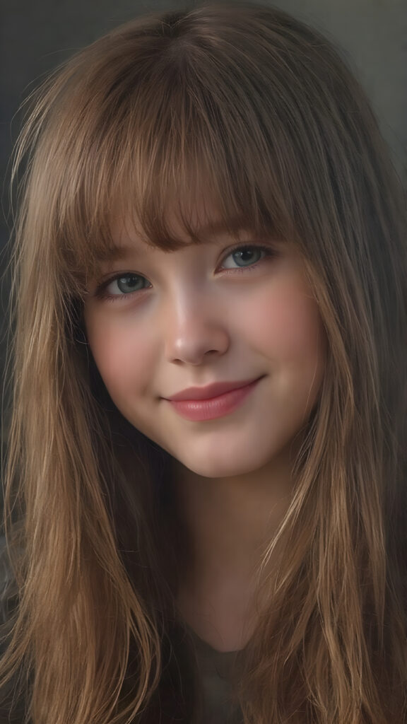 ((stunning)) ((gorgeous)) ((detailed portrait)) a young teen girl. She has auburn long hair in Korean Style bangs, dark eyes, warm smile, very happy, side view, weak, dimmed light