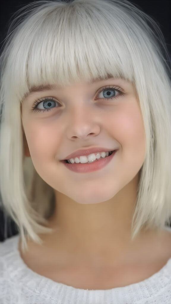 ((stunning)) ((gorgeous)) a beautiful silver-skinned very young teen girl, perfect studio photo, portrait, perfect curved body, round face, realistic fine straight platinum snow white hair, bangs and bob, full kissable lips, wears a white thin sweater, dark background, warm smile, realistic, smile white teeth, she is so innocent, looking up to the viewer, open mouth
