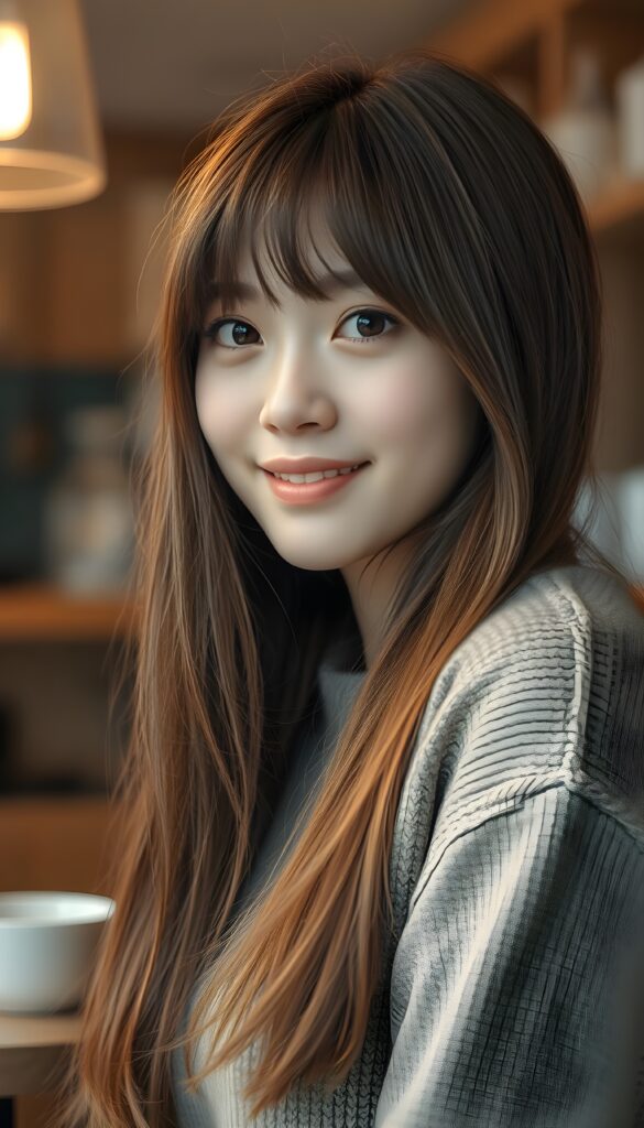((stunning)) ((gorgeous)) ((detailed portrait)) a young teen girl. She has auburn long straight soft detailed hair with white highlights, cut in Korean Style bangs, dark eyes, warm smile, very happy, side view, weak, dimmed light, she wears a fine plain wool sweater and is waiting in a coffee shop.