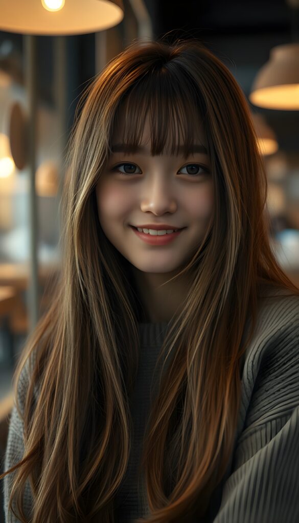((stunning)) ((gorgeous)) ((detailed portrait)) a young teen girl. She has auburn long straight soft detailed hair with white highlights, cut in Korean Style bangs, dark eyes, warm smile, very happy, side view, weak, dimmed light, she wears a fine plain wool sweater and is waiting in a coffee shop.
