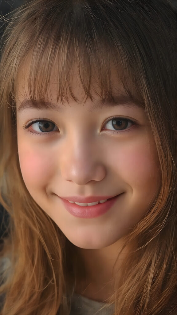 ((stunning)) ((gorgeous)) ((detailed portrait)) a young teen girl. She has auburn long hair in Korean Style bangs, dark eyes, warm smile, very happy, side view, weak, dimmed light