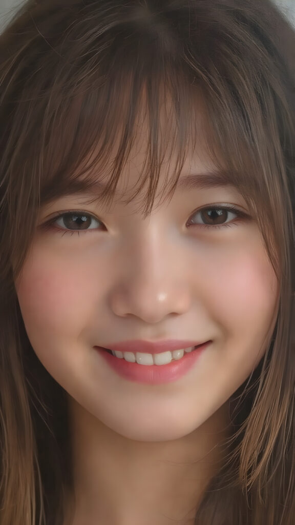 ((stunning)) ((gorgeous)) ((detailed upper body portrait)) a young Asian teen girl. She has auburn long soft hair in Korean Style bangs, dark eyes, warm smile, very happy, weak dimmed light, full lips, white teeth, perfect face