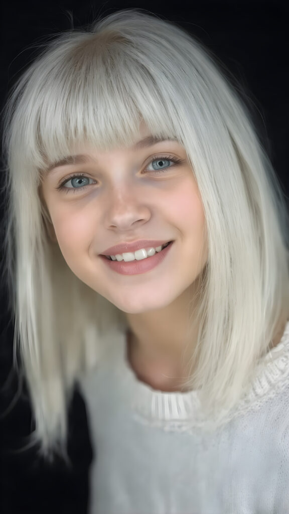 ((stunning)) ((gorgeous)) a beautiful silver-skinned very young teen girl, perfect studio photo, portrait, perfect curved body, round face, realistic fine straight platinum snow white hair, bangs and bob, full kissable lips, wears a white thin sweater, dark background, warm smile, realistic, smile white teeth, she is so innocent, looking up to the viewer, open mouth