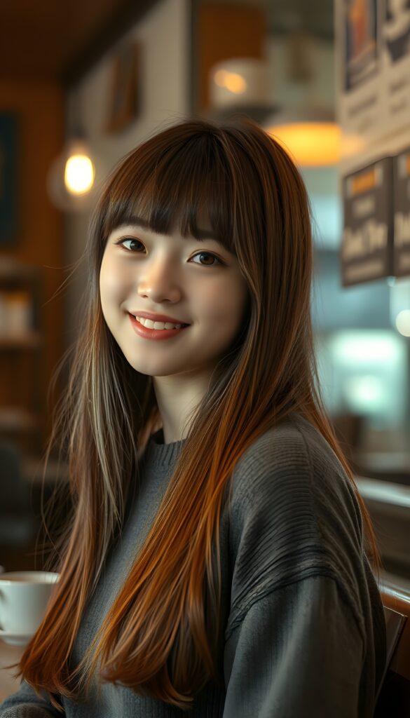 ((stunning)) ((gorgeous)) ((detailed portrait)) a young teen girl. She has auburn long straight soft detailed hair with white highlights, cut in Korean Style bangs, dark eyes, warm smile, very happy, side view, weak, dimmed light, she wears a fine plain wool sweater and is waiting in a coffee shop.