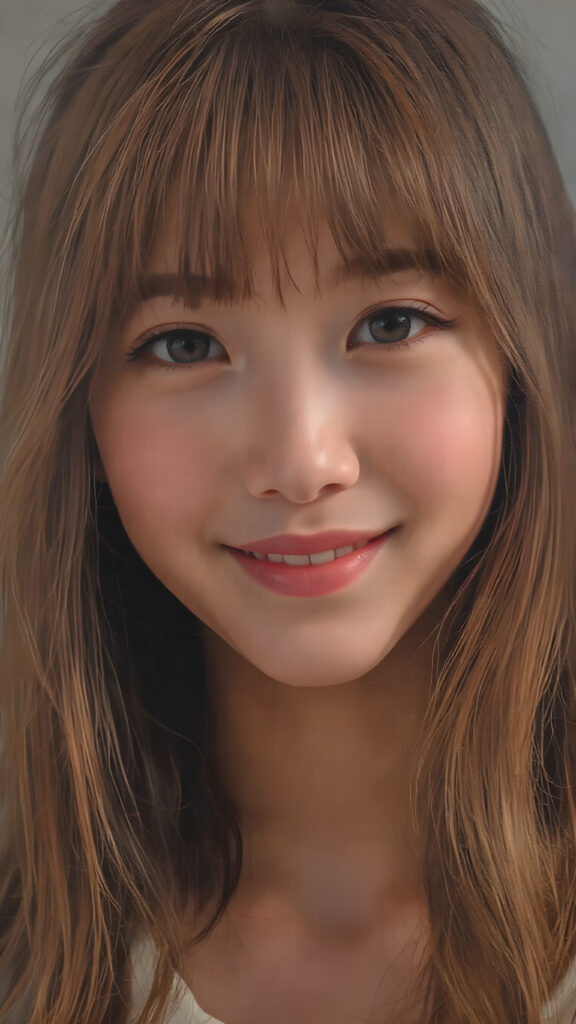 ((stunning)) ((gorgeous)) ((detailed upper body portrait)) a young Asian teen girl. She has auburn long soft hair in Korean Style bangs, dark eyes, warm smile, very happy, weak dimmed light, full lips, white teeth, perfect face