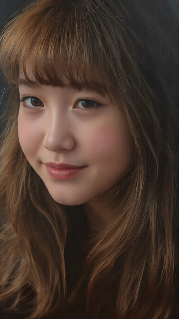 ((stunning)) ((gorgeous)) ((detailed portrait)) a young teen girl. She has auburn long hair in Korean Style bangs, dark eyes, warm smile, very happy, side view, weak, dimmed light