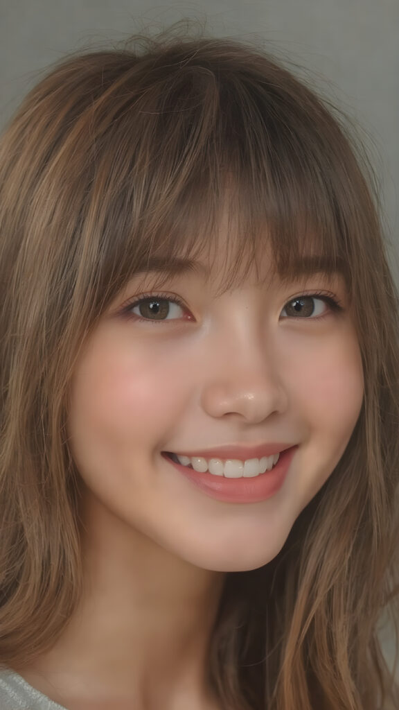 ((stunning)) ((gorgeous)) ((detailed upper body portrait)) a young Asian teen girl. She has auburn long soft hair in Korean Style bangs, dark eyes, warm smile, very happy, weak dimmed light, full lips, white teeth, perfect face