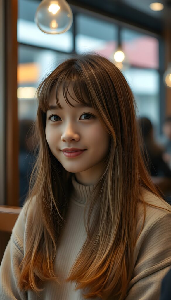 ((stunning)) ((gorgeous)) ((detailed portrait)) a young teen girl. She has auburn long straight soft detailed hair with white highlights, cut in Korean Style bangs, dark eyes, warm smile, very happy, side view, weak, dimmed light, she wears a fine plain wool sweater and is waiting in a coffee shop.