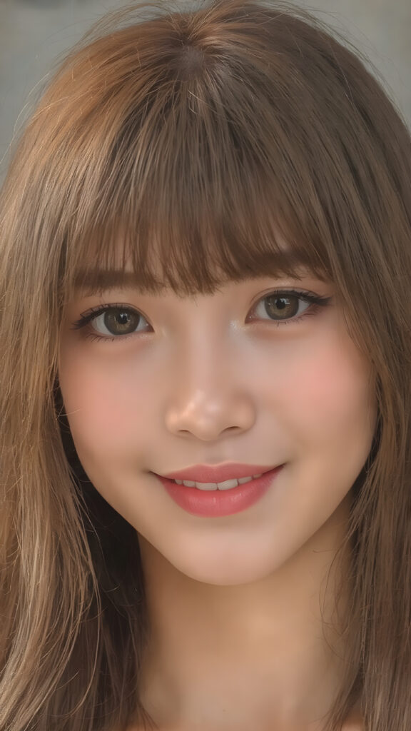 ((stunning)) ((gorgeous)) ((detailed upper body portrait)) a young Asian teen girl. She has auburn long soft hair in Korean Style bangs, dark eyes, warm smile, very happy, weak dimmed light, full lips, white teeth, perfect face