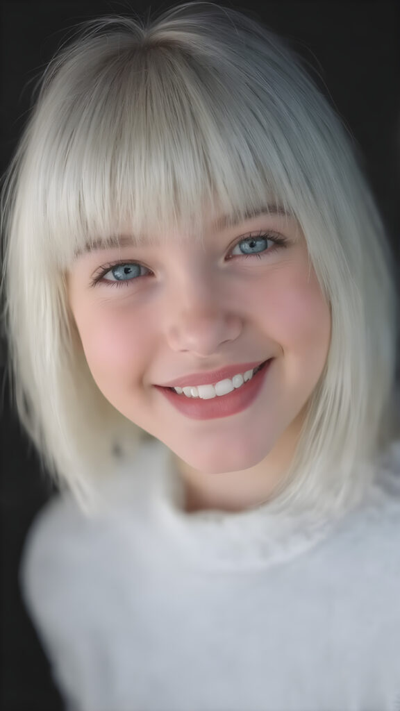 ((stunning)) ((gorgeous)) a beautiful silver-skinned very young teen girl, perfect studio photo, portrait, perfect curved body, round face, realistic fine straight platinum snow white hair, bangs and bob, full kissable lips, wears a white thin sweater, dark background, warm smile, realistic, smile white teeth, she is so innocent, looking up to the viewer, open mouth