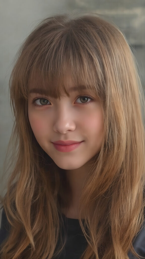 ((stunning)) ((gorgeous)) ((detailed portrait)) a young teen girl. She has auburn long hair in Korean Style bangs, dark eyes, warm smile, very happy, side view, weak, dimmed light