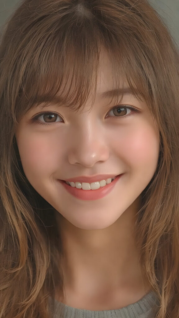 ((stunning)) ((gorgeous)) ((detailed upper body portrait)) a young Asian teen girl. She has auburn long soft hair in Korean Style bangs, dark eyes, warm smile, very happy, weak dimmed light, full lips, white teeth, perfect face