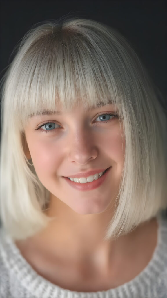 ((stunning)) ((gorgeous)) a beautiful silver-skinned very young teen girl, perfect studio photo, portrait, perfect curved body, round face, realistic fine straight platinum snow white hair, bangs and bob, full kissable lips, wears a white thin sweater, dark background, warm smile, realistic, smile white teeth, she is so innocent, looking up to the viewer, open mouth