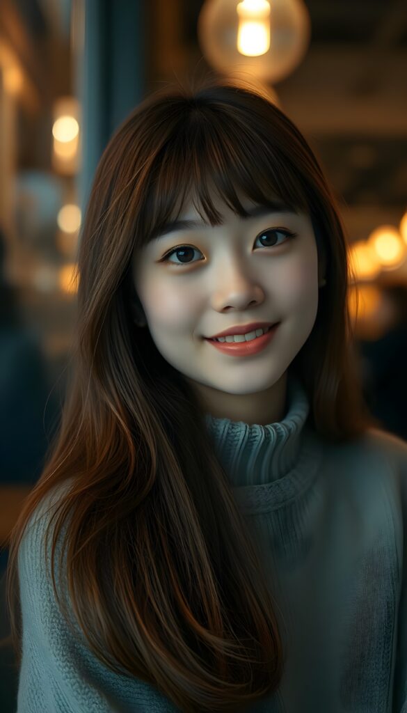((stunning)) ((gorgeous)) ((detailed portrait)) a young teen girl. She has auburn long straight soft detailed hair with white highlights, cut in Korean Style bangs, dark eyes, warm smile, very happy, side view, weak, dimmed light, she wears a fine plain wool sweater and is waiting in a coffee shop.