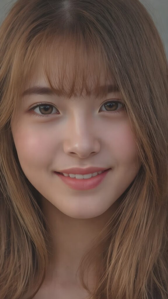 ((stunning)) ((gorgeous)) ((detailed upper body portrait)) a young Asian teen girl. She has auburn long soft hair in Korean Style bangs, dark eyes, warm smile, very happy, weak dimmed light, full lips, white teeth, perfect face