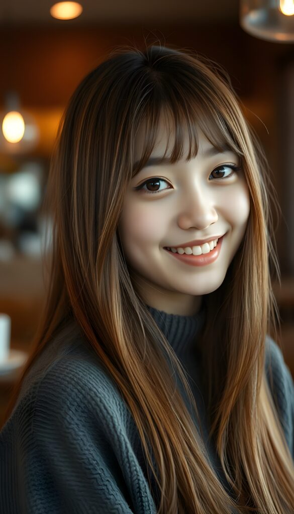 ((stunning)) ((gorgeous)) ((detailed portrait)) a young teen girl. She has auburn long straight soft detailed hair with white highlights, cut in Korean Style bangs, dark eyes, warm smile, very happy, side view, weak, dimmed light, she wears a fine plain wool sweater and is waiting in a coffee shop.