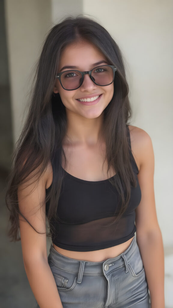 A (((realistically captured moment))) where a (((cheerful and happy teen girl))) with long, ((straight black hair)) and (((light grey eyes))), is elegantly posed in a (((full-body view))), showcasing her upper body and perfectly proportioned thighs and soft, plump lips, dressed in a (((black cropped tank top))), (((grey denim jeans))), and (((black sunglasses))), standing confidently with a warm smile directed at the viewer