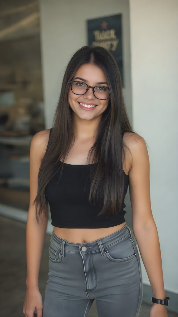 A (((realistically captured moment))) where a (((cheerful and happy teen girl))) with long, ((straight black hair)) and (((light grey eyes))), is elegantly posed in a (((full-body view))), showcasing her upper body and perfectly proportioned thighs and soft, plump lips, dressed in a (((black cropped tank top))), (((grey denim jeans))), and (((black sunglasses))), standing confidently with a warm smile directed at the viewer
