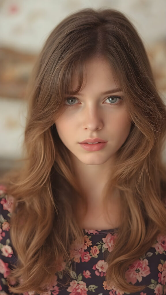 (super realistic upper body shot, 1970)) a young adult hippie girl with soft hair, deep black eyes and pale skin. Her soft hair falls over her perfectly shaped body and shines, looks seductive in the camera, she wears a one-piece suit with a floral pattern, stand in front of the viewer