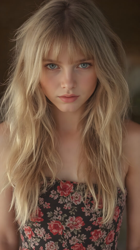 (super realistic upper body shot, 1970)) a young adult hippie girl with soft hair, deep black eyes and pale skin. Her soft hair falls over her perfectly shaped body and shines, looks seductive in the camera, she wears a one-piece suit with a floral pattern, stand in front of the viewer