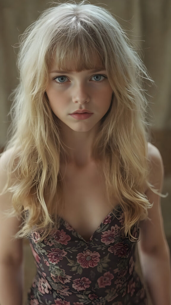 (super realistic upper body shot, 1970)) a young adult hippie girl with soft hair, deep black eyes and pale skin. Her soft hair falls over her perfectly shaped body and shines, looks seductive in the camera, she wears a one-piece suit with a floral pattern, stand in front of the viewer