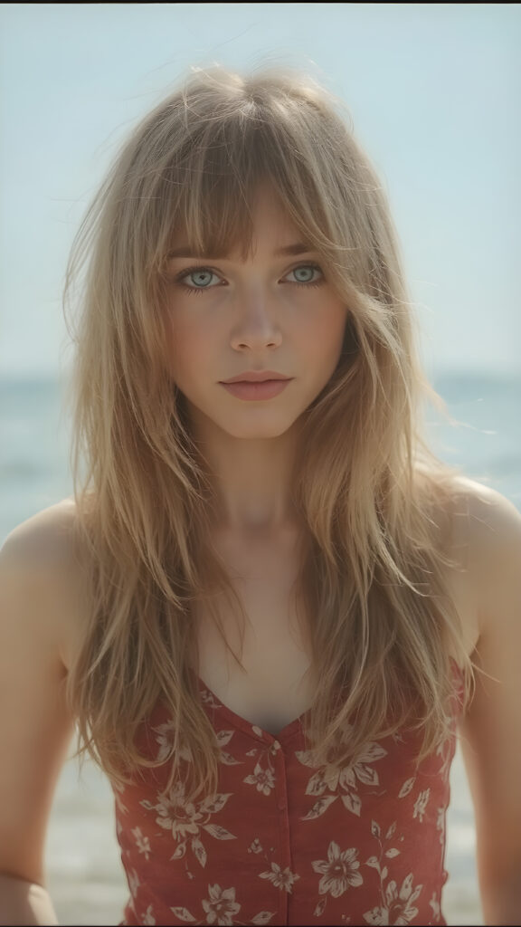 (super realistic upper body shot, 1970)) a young adult hippie girl with soft hair, deep black eyes and pale skin. Her soft hair falls over her perfectly shaped body and shines, looks seductive in the camera, she wears a one-piece suit with a floral pattern, stand in front of the viewer