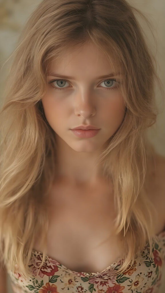 (super realistic upper body shot, 1970)) a young adult hippie girl with soft hair, deep black eyes and pale skin. Her soft hair falls over her perfectly shaped body and shines, looks seductive in the camera, she wears a one-piece suit with a floral pattern, stand in front of the viewer