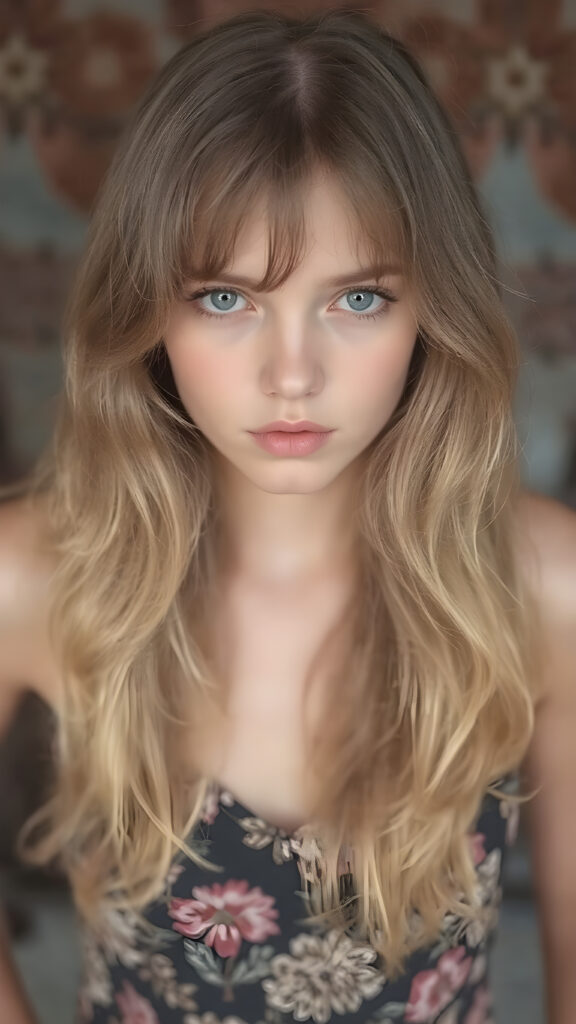 (super realistic upper body shot, 1970)) a young adult hippie girl with soft hair, deep black eyes and pale skin. Her soft hair falls over her perfectly shaped body and shines, looks seductive in the camera, she wears a one-piece suit with a floral pattern, stand in front of the viewer