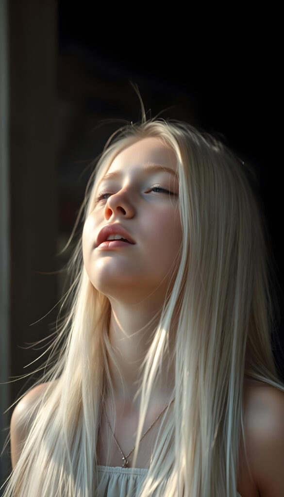 super realistic photo show a young girl, looks up, closed eyes, long straight white hair falls down to her back, the sun kiss her round face, open mouth, enjoy her life