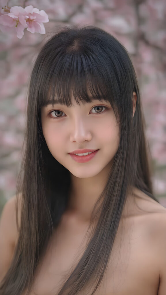 super realistic, 4k, detailed face, cute Asian teen girl, long straight black hair, Korean styled bangs, looks at the camera, portrait shot, smile very happy, there are cherry blossom trees in the background, she has amber eyes, perfect body