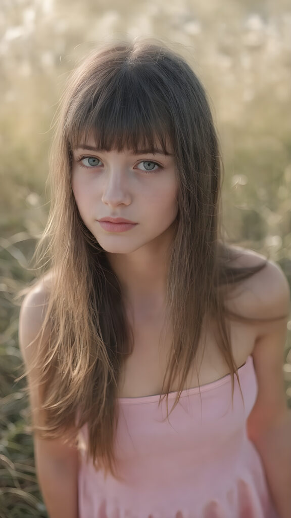 super realistic and detailed photo, a beautiful young teen girl, with (long, straight, jet soft hair, bangs), (full body view, with a slightly turned head, looking up into the camera), she wears an (thigh-length) short cropped tank top (that perfectly complements her youthful figure), the lighting is soft and warm, highlighting her natural beauty and the intricate details of her dress, all against a sunny backdrop in nature