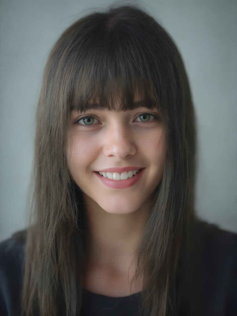 super realistic, 4k, detailed and round face, cute teen girl, super realistic and detailed long straight black hair like steel, styled bangs, looks at the camera, (centered portrait shot), smile very happy, she has detailed amber eyes and eyeliner, perfect body, full red lips, perfect skin, warm smile open mouth and white teeth, all against a grey backdrop